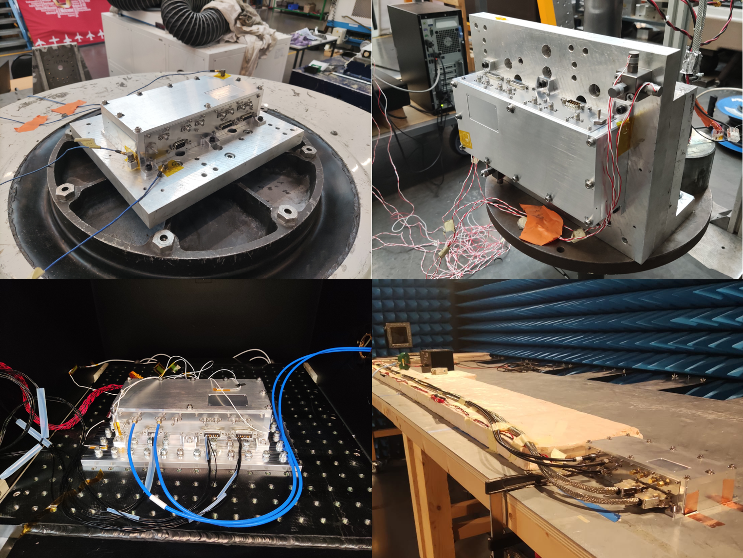 From top left to bottom right: vibrations, shocks, thermal vacuum, and EMC qualification testing (Photo credit: ©SpacePNT)